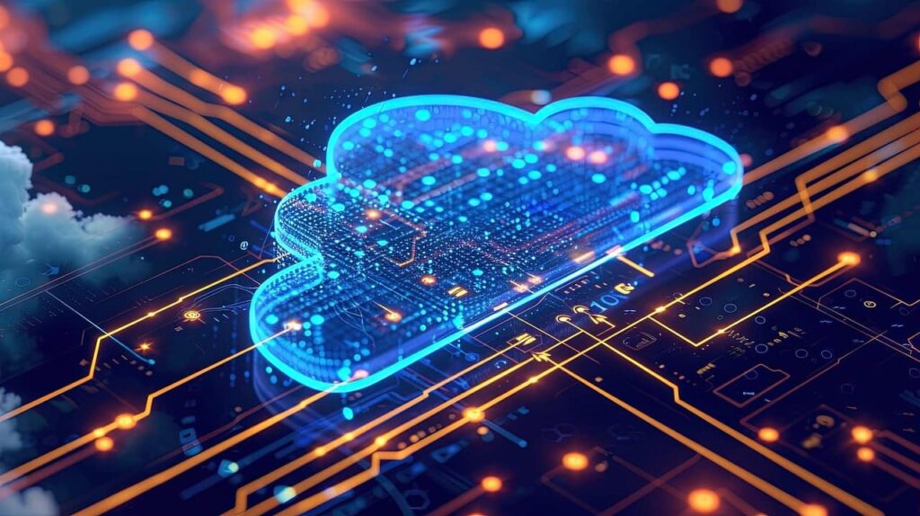 Une icône de nuage bleu brillant est représentée superposée sur un fond de circuit imprimé, symbolisant la technologie de cloud computing et les connexions de flux de données.