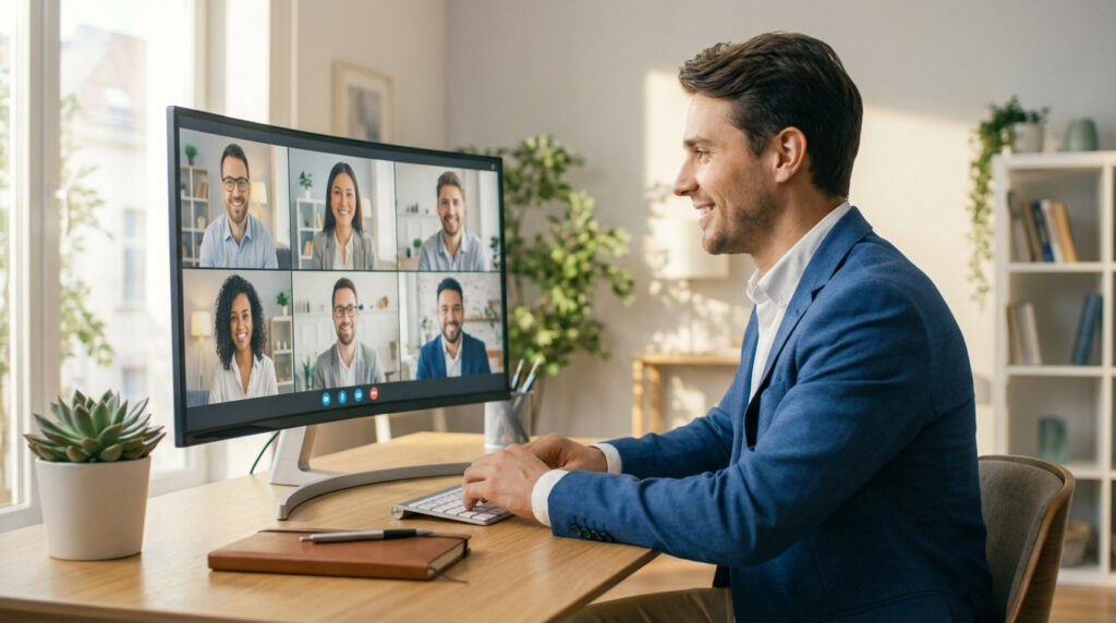 Un homme en costume bleu est assis à un bureau et participe à une vidéoconférence avec six personnes affichées sur un écran incurvé.