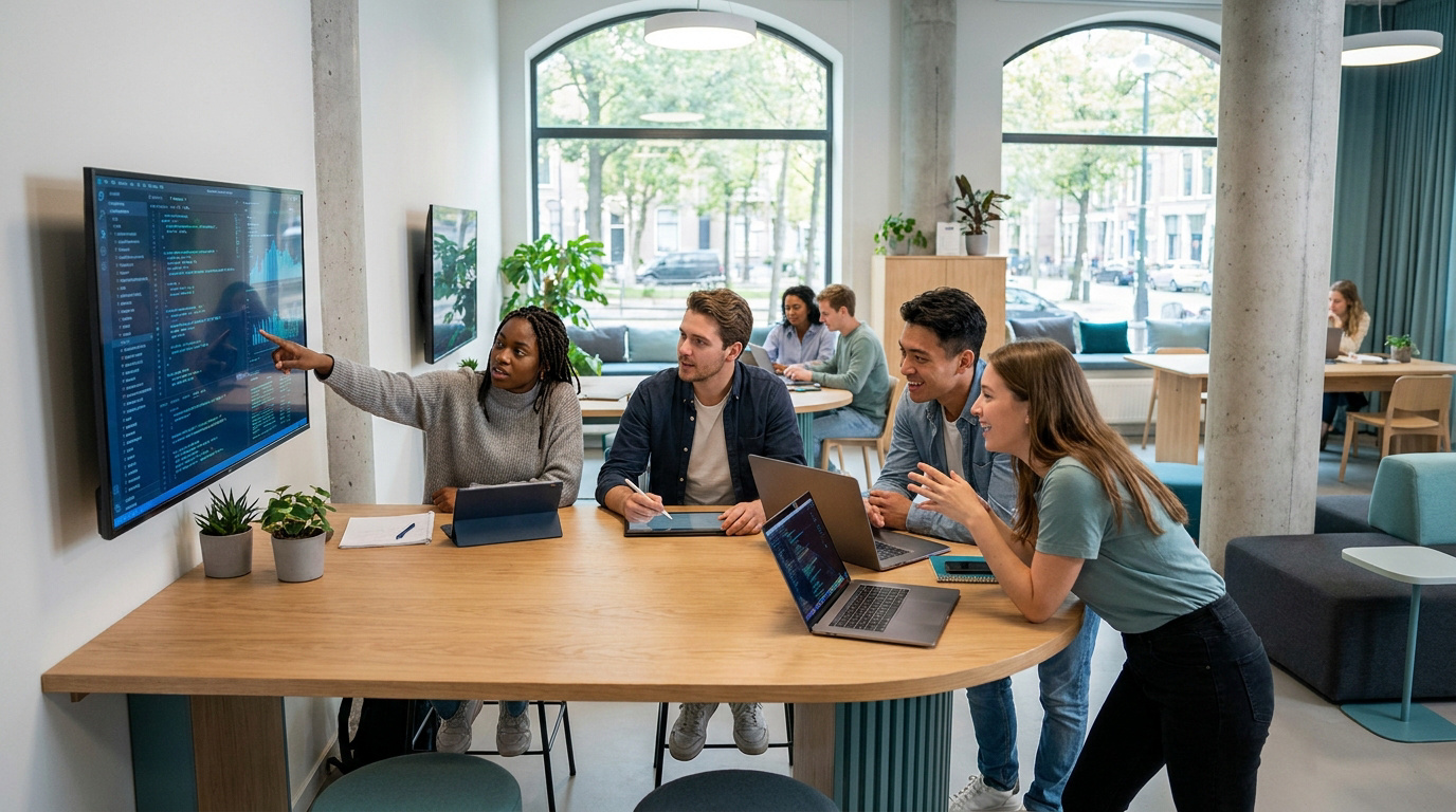 Quatre personnes sont réunies autour d'une table avec des ordinateurs portables, regardant un écran affichant un code tandis qu'une personne le pointe du doigt dans un bureau moderne.