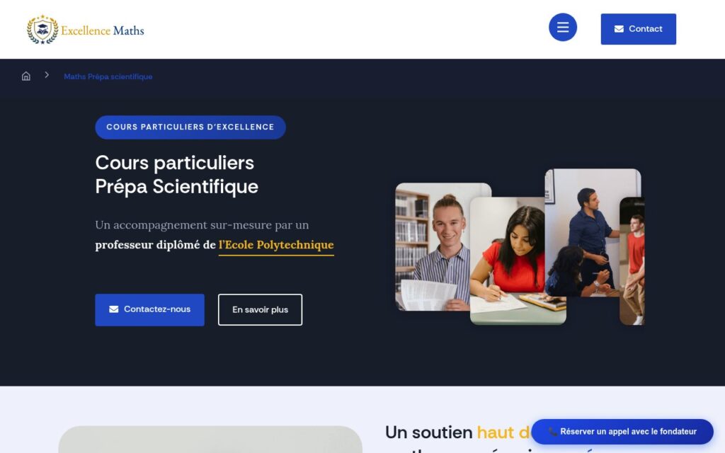Capture d'écran d'un site web de tutorat pour des cours de préparation scientifique, comprenant un en-tête, un menu de navigation, des boutons d'appel à l'action et des photos d'étudiants en train d'étudier et d'un professeur en train de donner des instructions.