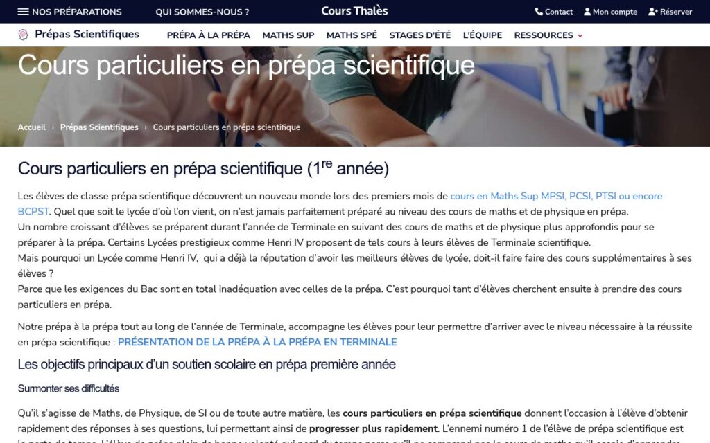 Une page web intitulée "Cours particuliers en prépa scientifique" présente des informations sur les cours particuliers destinés aux étudiants de première année de prépa scientifique, avec un texte lié et une image floue de personnes en arrière-plan.