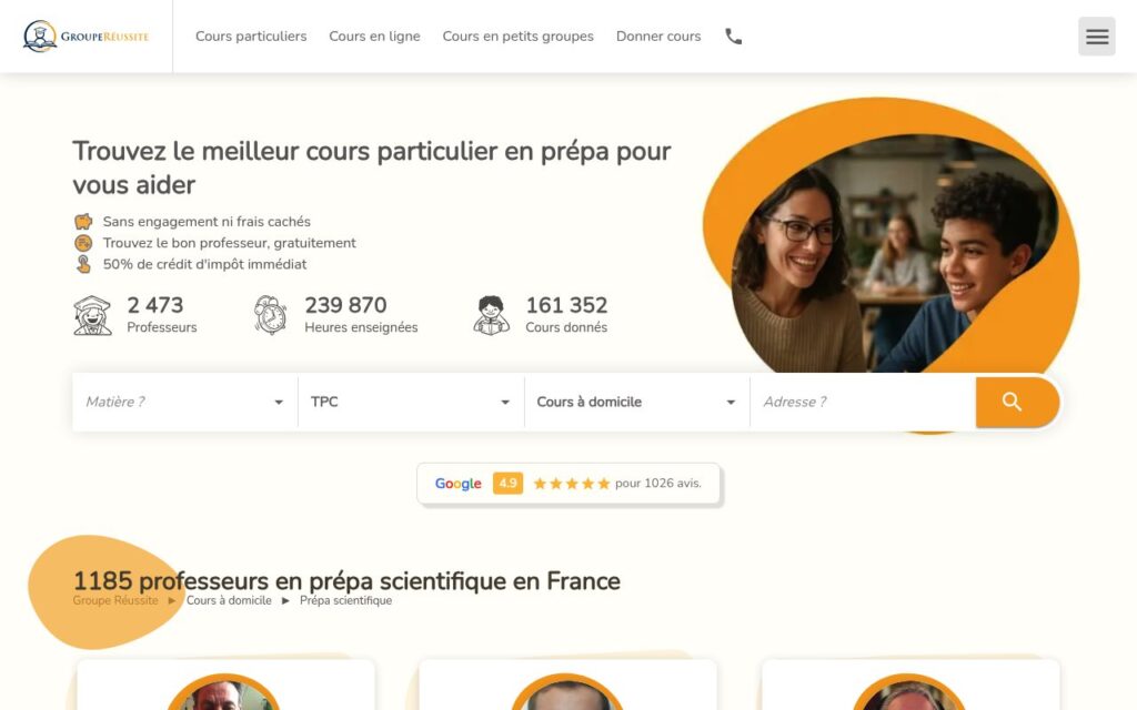 Capture d'écran d'un site de soutien scolaire présentant une barre de recherche, des statistiques sur les professeurs particuliers et des photos de deux personnes souriantes. Le site propose des cours particuliers et met en avant 1185 professeurs particuliers de sciences en France.