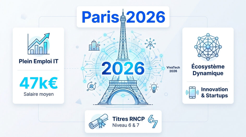 Paris 2026 : plein emploi informatique, 47k€ de salaire moyen, écosystème dynamique, innovation & startups, RNCP niveau 6 & 7.