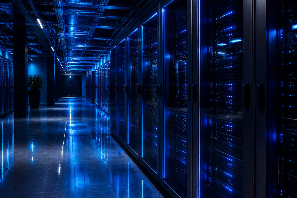 Une salle de serveurs sombre avec des rangées de serveurs éclairés par des diodes électroluminescentes bleues.