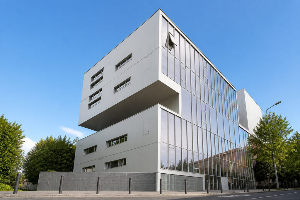 Un bâtiment moderne, blanc et à plusieurs étages, avec des murs en verre, des accents en béton et des arbres sous un ciel bleu clair.